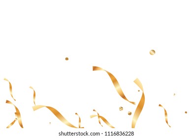  Gold confetti, ribbons. Falling glitter. Bokeh background. Abstract golden anniversary invitation template. Wedding concept card. Flying abstract particles. Explosion celebrate card.