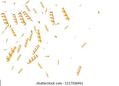  Gold confetti, ribbons. Falling glitter.  Abstract golden anniversary invitation template. Wedding concept card. Flying abstract particles. Explosion celebrate card.