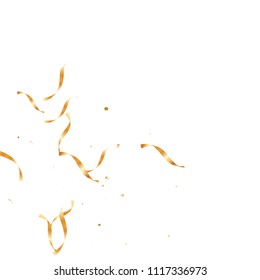  Gold confetti, ribbons. Falling glitter. Abstract golden anniversary invitation template. Wedding concept card. Flying abstract particles. Explosion celebrate card.
