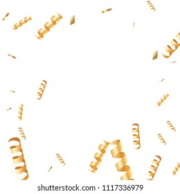  Gold confetti, ribbons. Falling glitter. Bokeh background. Abstract golden anniversary invitation template. Wedding concept card. Flying abstract particles. Explosion celebrate card.