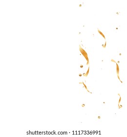  Gold confetti, ribbons. Falling glitter. Bokeh background. Abstract golden anniversary invitation template. Wedding concept card. Flying abstract particles. Explosion celebrate card.