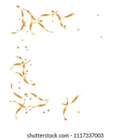  Gold confetti, ribbons. Falling glitter. Abstract golden anniversary invitation template. Wedding concept card. Flying abstract particles. Explosion celebrate card.