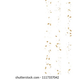  Gold confetti, ribbons. Falling glitter.  Abstract golden anniversary invitation template. Wedding concept card. Flying abstract particles. Explosion celebrate card.