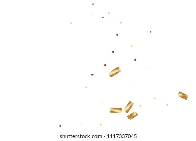 Gold confetti, ribbons. Falling glitter. Bokeh background. Abstract golden anniversary invitation template. Wedding concept card. Flying abstract particles. Explosion celebrate card.