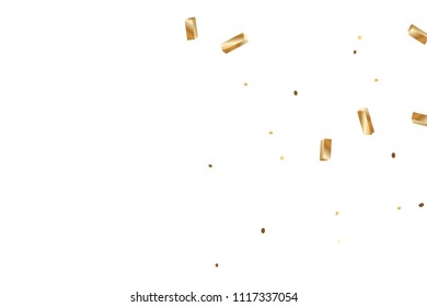  Gold confetti, ribbons. Falling glitter. Bokeh background. Abstract golden anniversary invitation template. Wedding concept card. Flying abstract particles. Explosion celebrate card.