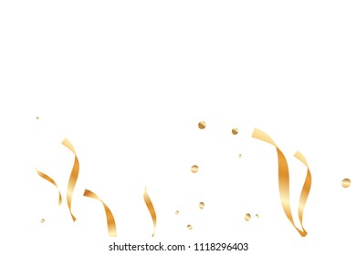  Gold confetti, ribbons. Falling glitter. Bokeh background. Abstract golden anniversary invitation template. Wedding concept card. Flying abstract particles. Explosion celebrate card.