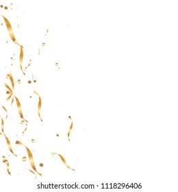  Gold confetti, ribbons. Falling glitter. Bokeh background. Abstract golden anniversary invitation template. Wedding concept card. Flying abstract particles. Explosion celebrate card.