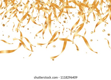  Gold confetti, ribbons. Falling glitter. Bokeh background. Abstract golden anniversary invitation template. Wedding concept card. Flying abstract particles. Explosion celebrate card.