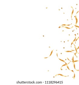  Gold confetti, ribbons. Falling glitter. Bokeh background. Abstract golden anniversary invitation template. Wedding concept card. Flying abstract particles. Explosion celebrate card.