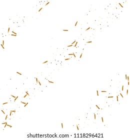  Gold confetti, ribbons. Falling glitter. Bokeh background. Abstract golden anniversary invitation template. Wedding concept card. Flying abstract particles. Explosion celebrate card.
