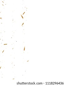  Gold confetti, ribbons. Falling glitter. Bokeh background. Abstract golden anniversary invitation template. Wedding concept card. Flying abstract particles. Explosion celebrate card.