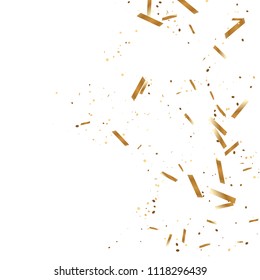  Gold confetti, ribbons. Falling glitter. Bokeh background. Abstract golden anniversary invitation template. Wedding concept card. Flying abstract particles. Explosion celebrate card.