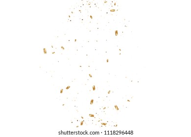  Gold confetti, ribbons. Falling glitter. Bokeh background. Abstract golden anniversary invitation template. Wedding concept card. Flying abstract particles. Explosion celebrate card.