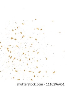  Gold confetti, ribbons. Falling glitter. Bokeh background. Abstract golden anniversary invitation template. Wedding concept card. Flying abstract particles. Explosion celebrate card.