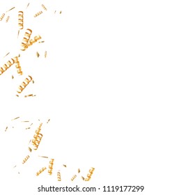  Gold confetti, ribbons. Falling glitter. Bokeh background. Abstract golden anniversary invitation template. Wedding concept card. Flying abstract particles. Explosion celebrate card.