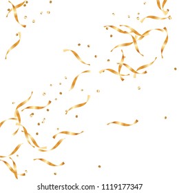  Gold confetti, ribbons. Falling glitter. Bokeh background. Abstract golden anniversary invitation template. Wedding concept card. Flying abstract particles. Explosion celebrate card.