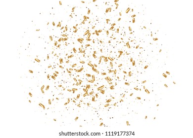  Gold confetti, ribbons. Falling glitter. Bokeh background. Abstract golden anniversary invitation template. Wedding concept card. Flying abstract particles. Explosion celebrate card.