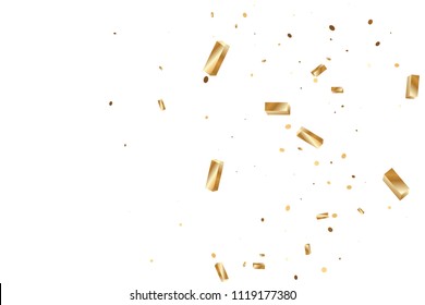  Gold confetti, ribbons. Falling glitter. Bokeh background. Abstract golden anniversary invitation template. Wedding concept card. Flying abstract particles. Explosion celebrate card.