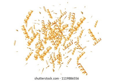  Gold confetti, ribbons. Falling glitter. Bokeh background. Abstract golden anniversary invitation template. Wedding concept card. Flying abstract particles. Explosion celebrate card.