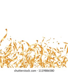  Gold confetti, ribbons. Falling glitter. Bokeh background. Abstract golden anniversary invitation template. Wedding concept card. Flying abstract particles. Explosion celebrate card.