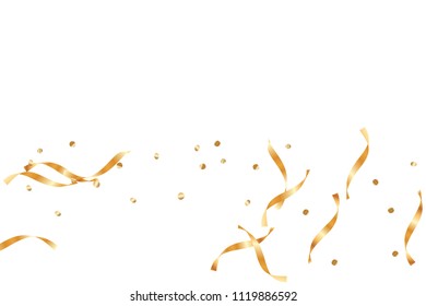  Gold confetti, ribbons. Falling glitter. Bokeh background. Abstract golden anniversary invitation template. Wedding concept card. Flying abstract particles. Explosion celebrate card.