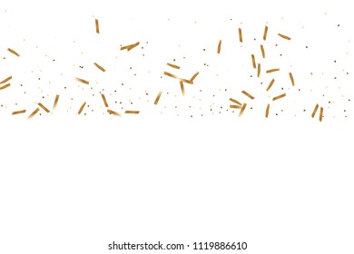  Gold confetti, ribbons. Falling glitter. Bokeh background. Abstract golden anniversary invitation template. Wedding concept card. Flying abstract particles. Explosion celebrate card.