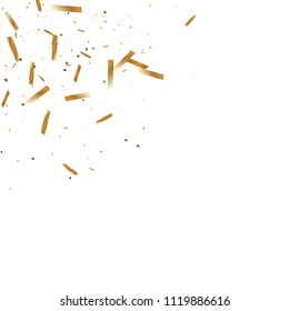  Gold confetti, ribbons. Falling glitter. Bokeh background. Abstract golden anniversary invitation template. Wedding concept card. Flying abstract particles. Explosion celebrate card.