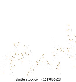  Gold confetti, ribbons. Falling glitter. Bokeh background. Abstract golden anniversary invitation template. Wedding concept card. Flying abstract particles. Explosion celebrate card.