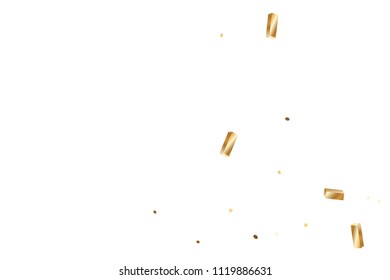  Gold confetti, ribbons. Falling glitter. Bokeh background. Abstract golden anniversary invitation template. Wedding concept card. Flying abstract particles. Explosion celebrate card.