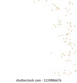  Gold confetti, ribbons. Falling glitter. Bokeh background. Abstract golden anniversary invitation template. Wedding concept card. Flying abstract particles. Explosion celebrate card.