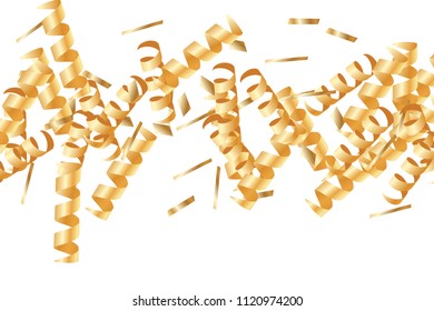  Gold confetti, ribbons. Falling glitter. Bokeh background. Abstract golden anniversary invitation template. Wedding concept card. Flying abstract particles. Explosion celebrate card.