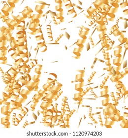  Gold confetti, ribbons. Falling glitter. Bokeh background. Abstract golden anniversary invitation template. Wedding concept card. Flying abstract particles. Explosion celebrate card.