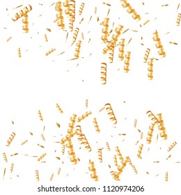  Gold confetti, ribbons. Falling glitter. Bokeh background. Abstract golden anniversary invitation template. Wedding concept card. Flying abstract particles. Explosion celebrate card.