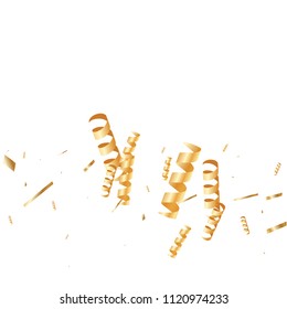  Gold confetti, ribbons. Falling glitter. Bokeh background. Abstract golden anniversary invitation template. Wedding concept card. Flying abstract particles. Explosion celebrate card.