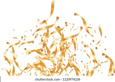  Gold confetti, ribbons. Falling glitter. Bokeh background. Abstract golden anniversary invitation template. Wedding concept card. Flying abstract particles. Explosion celebrate card.