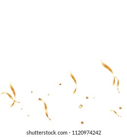  Gold confetti, ribbons. Falling glitter. Bokeh background. Abstract golden anniversary invitation template. Wedding concept card. Flying abstract particles. Explosion celebrate card.