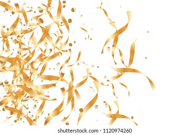  Gold confetti, ribbons. Falling glitter. Bokeh background. Abstract golden anniversary invitation template. Wedding concept card. Flying abstract particles. Explosion celebrate card.