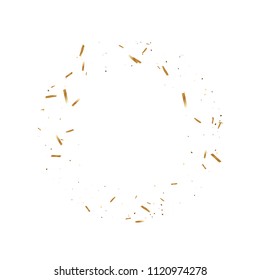  Gold confetti, ribbons. Falling glitter. Bokeh background. Abstract golden anniversary invitation template. Wedding concept card. Flying abstract particles. Explosion celebrate card.
