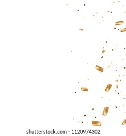  Gold confetti, ribbons. Falling glitter. Bokeh background. Abstract golden anniversary invitation template. Wedding concept card. Flying abstract particles. Explosion celebrate card.