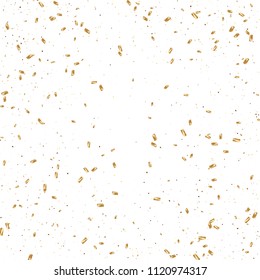  Gold confetti, ribbons. Falling glitter. Bokeh background. Abstract golden anniversary invitation template. Wedding concept card. Flying abstract particles. Explosion celebrate card.