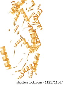  Gold confetti, ribbons. Falling glitter. Bokeh background. Abstract golden anniversary invitation template. Wedding concept card. Flying abstract particles. Explosion celebrate card.
