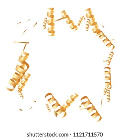  Gold confetti, ribbons. Falling glitter. Bokeh background. Abstract golden anniversary invitation template. Wedding concept card. Flying abstract particles. Explosion celebrate card.