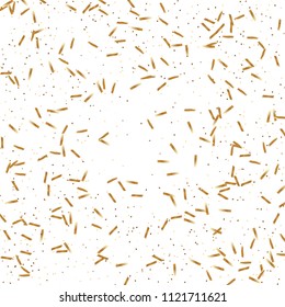  Gold confetti, ribbons. Falling glitter. Bokeh background. Abstract golden anniversary invitation template. Wedding concept card. Flying abstract particles. Explosion celebrate card.
