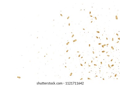  Gold confetti, ribbons. Falling glitter. Bokeh background. Abstract golden anniversary invitation template. Wedding concept card. Flying abstract particles. Explosion celebrate card.