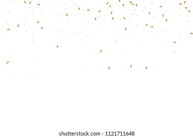  Gold confetti, ribbons. Falling glitter. Bokeh background. Abstract golden anniversary invitation template. Wedding concept card. Flying abstract particles. Explosion celebrate card.