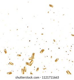  Gold confetti, ribbons. Falling glitter. Bokeh background. Abstract golden anniversary invitation template. Wedding concept card. Flying abstract particles. Explosion celebrate card.
