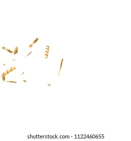 Gold confetti, ribbons. Falling glitter. Bokeh background. Abstract golden anniversary invitation template. Wedding concept card. Flying abstract particles. Explosion celebrate card.