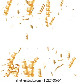  Gold confetti, ribbons. Falling glitter. Bokeh background. Abstract golden anniversary invitation template. Wedding concept card. Flying abstract particles. Explosion celebrate card.