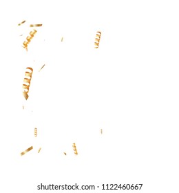  Gold confetti, ribbons. Falling glitter. Bokeh background. Abstract golden anniversary invitation template. Wedding concept card. Flying abstract particles. Explosion celebrate card.