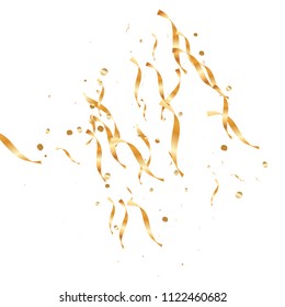  Gold confetti, ribbons. Falling glitter. Bokeh background. Abstract golden anniversary invitation template. Wedding concept card. Flying abstract particles. Explosion celebrate card.